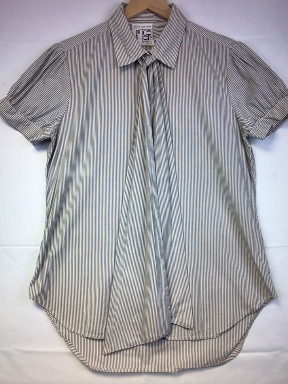 Nili Lotan Gray and White Striped Short-Sleeve Tie-Neck Tee